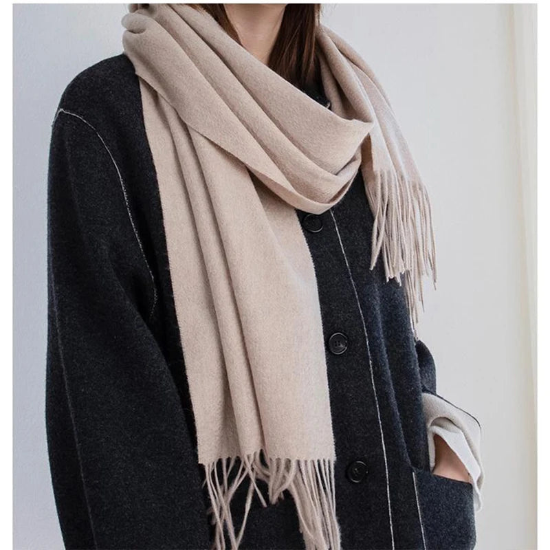 Solid Long Wool Scarf with Decorative Fringed Ends