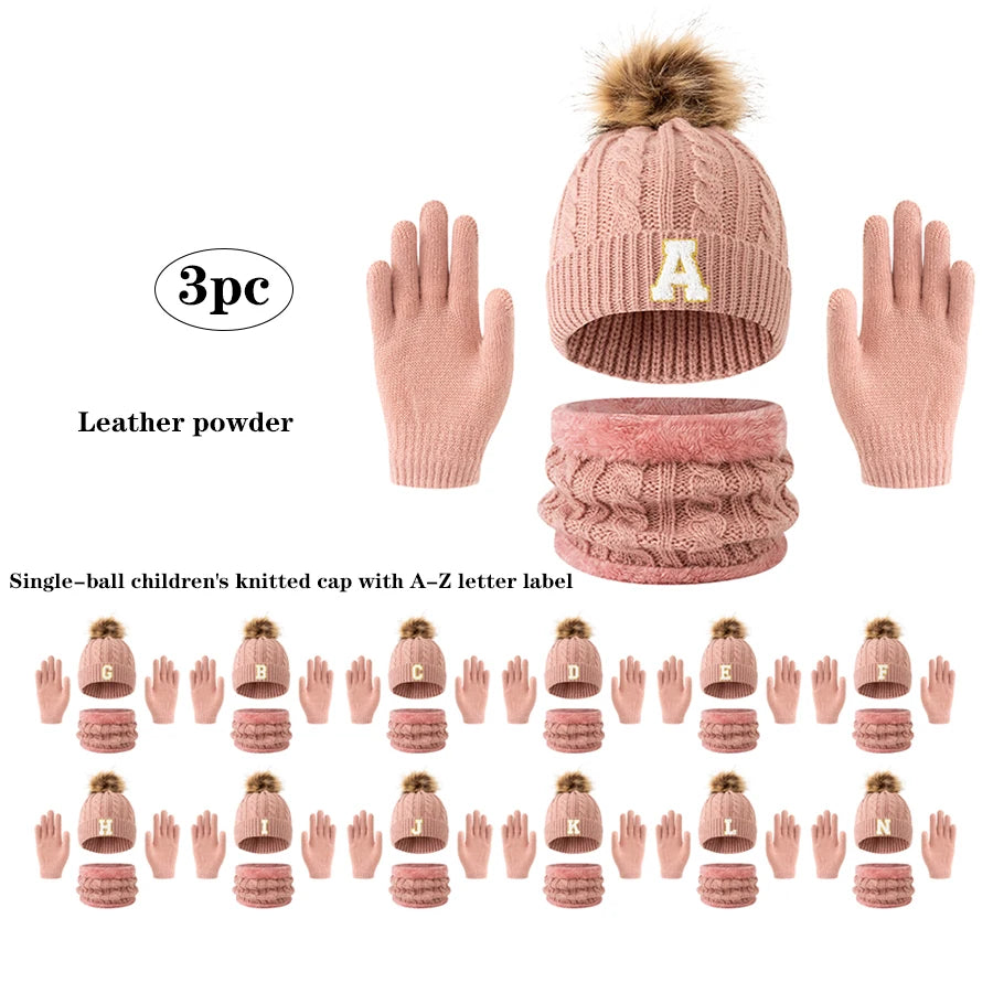 Children's Letter Knitted Hat Scarf and Gloves Set for Winter Wear