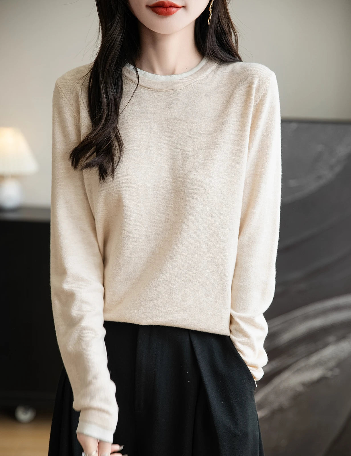 Women's Contrast Trim Crew Neck Sweater Casual Knit Layer