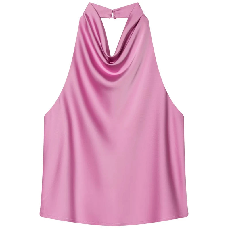 Women's Satin Polyester Halter Camisole with a Draped Front and Open Back