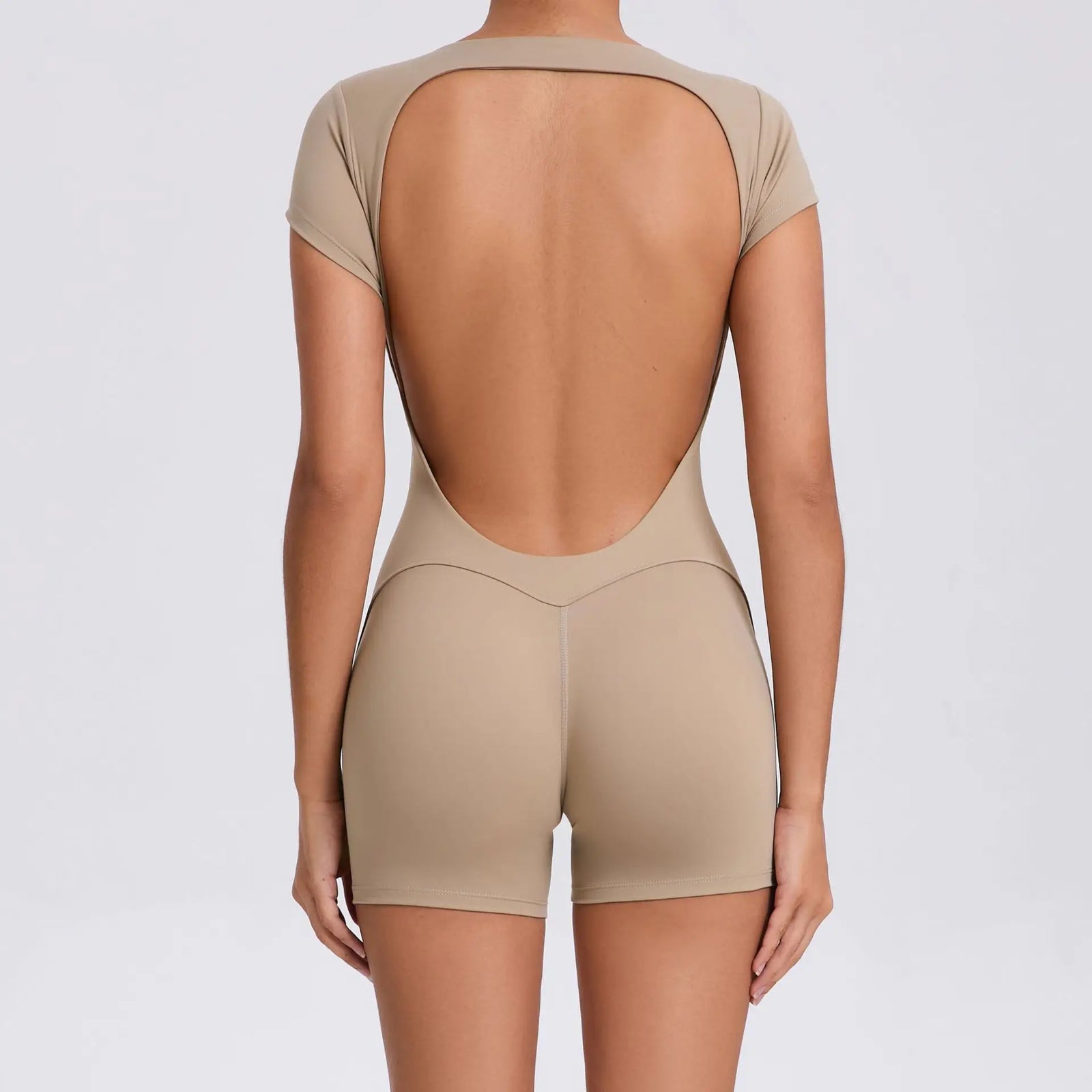Women's Short Sleeve Nylon Blend Workout Romper with Scoop Neck and Low Back