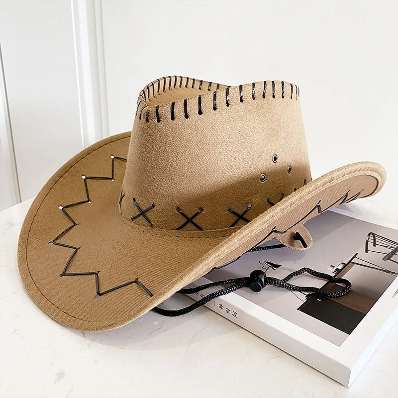 Wide Brim Cowboy Hat with Decorative Edge Stitching