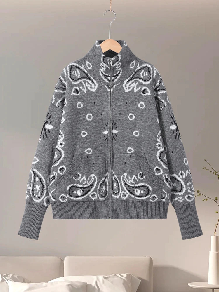 Women's Paisley Stand Collar Zip Front Cardigan Casual Knit Layer