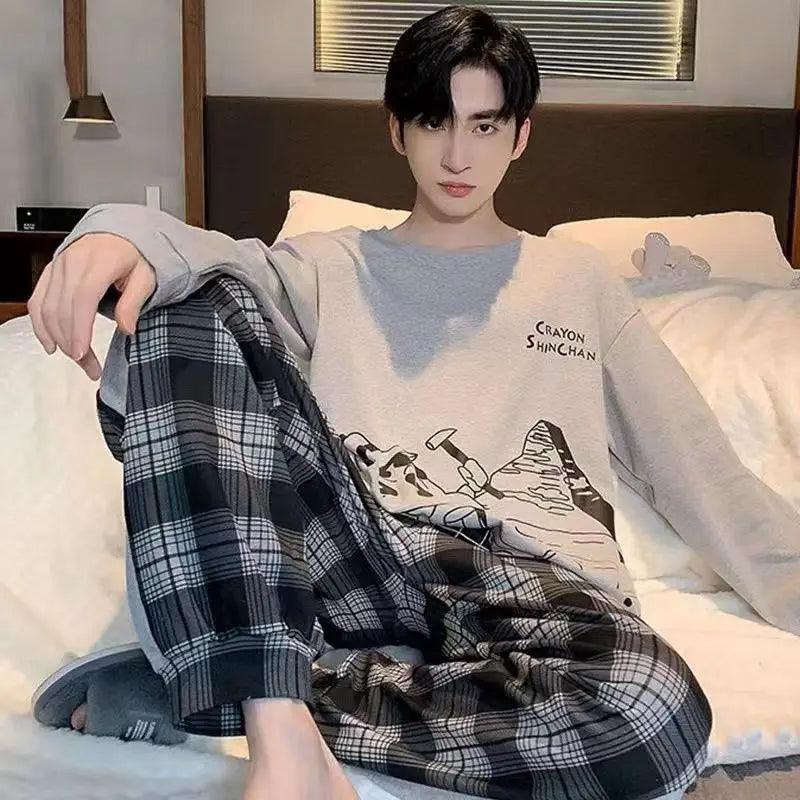 Men's Printed Long Sleeve Crew Neck Top and Pants Pajama Set