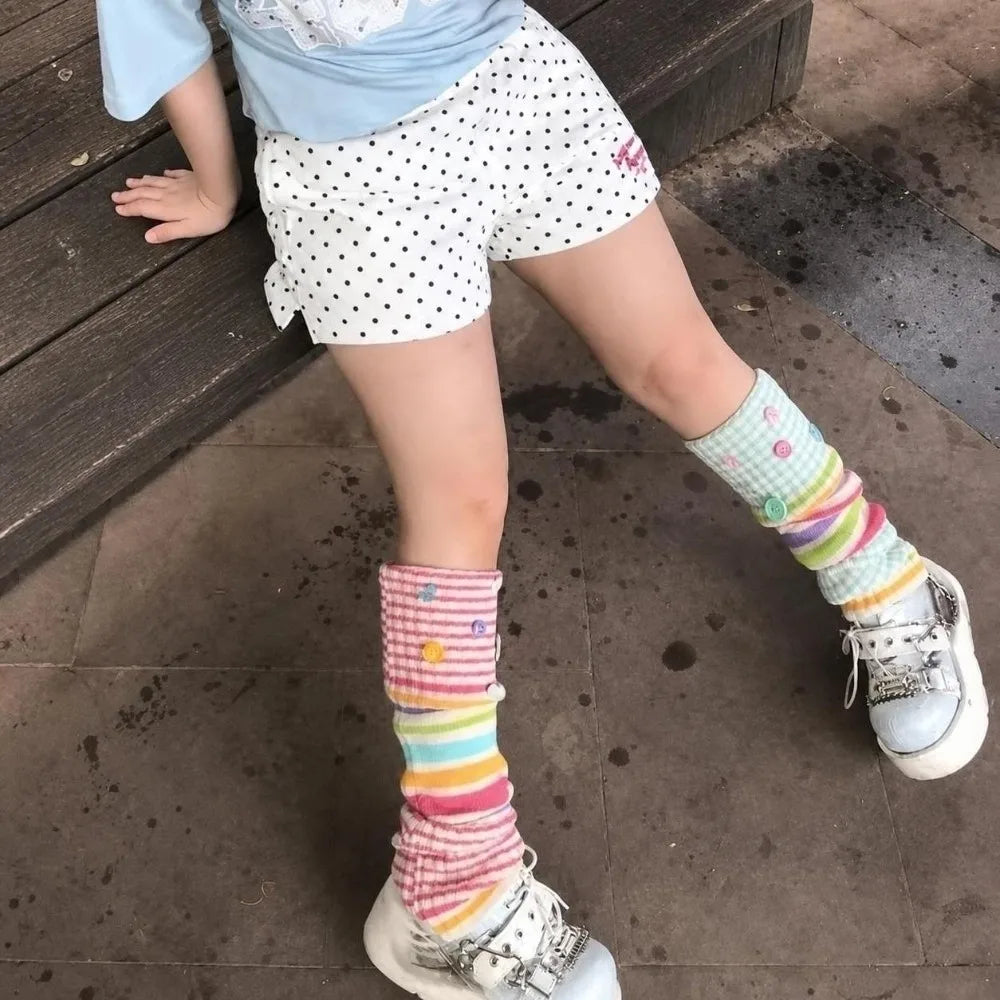 Pastel Striped Knit Leg Warmers with Decorative Floral Details