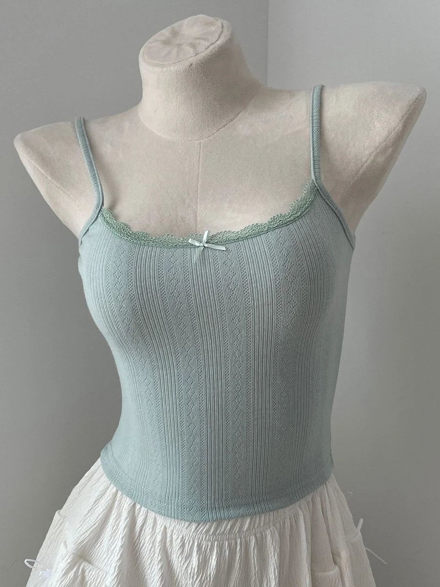 Women's Lace Trim Cotton Camisole with Bow Detail and Multiple Pattern Options