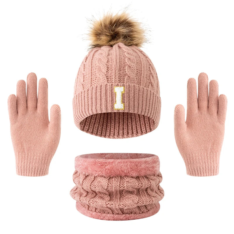 Children's Letter Knitted Hat Scarf and Gloves Set for Winter Wear