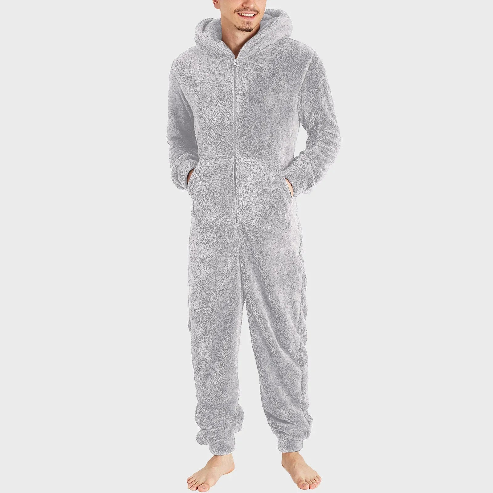 Men's Hooded Zip Front Long Sleeve Plush Pajama Jumpsuit