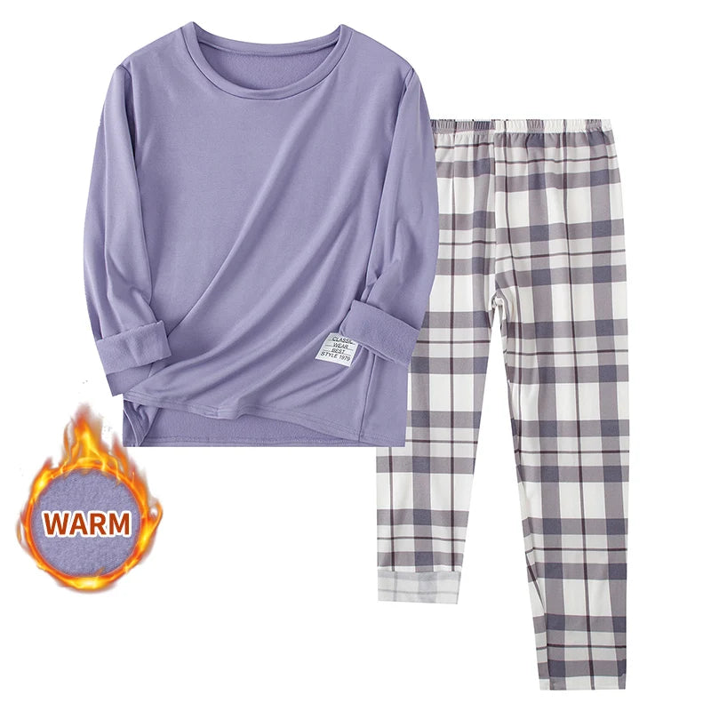 Youth Long Sleeve Top and Plaid Pants Pajama Set