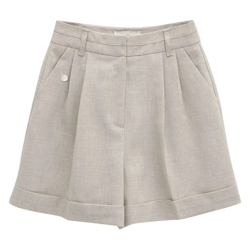 Women's 100% Linen High-Waist Regular-Fit Shorts with Button Fly and Side Pockets