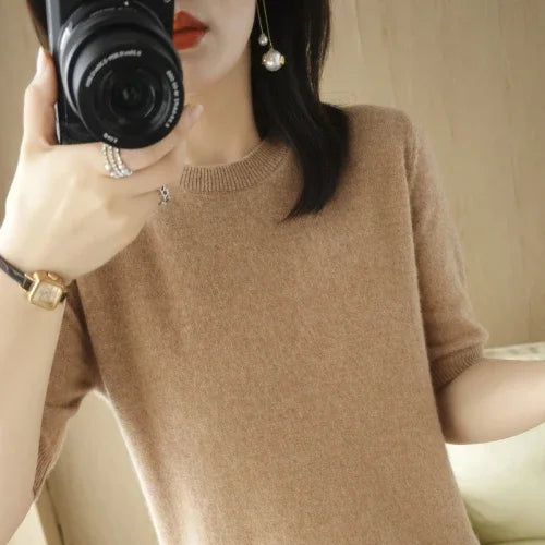 Women's Crew Neck Short Sleeve Sweater Casual Knit Layer