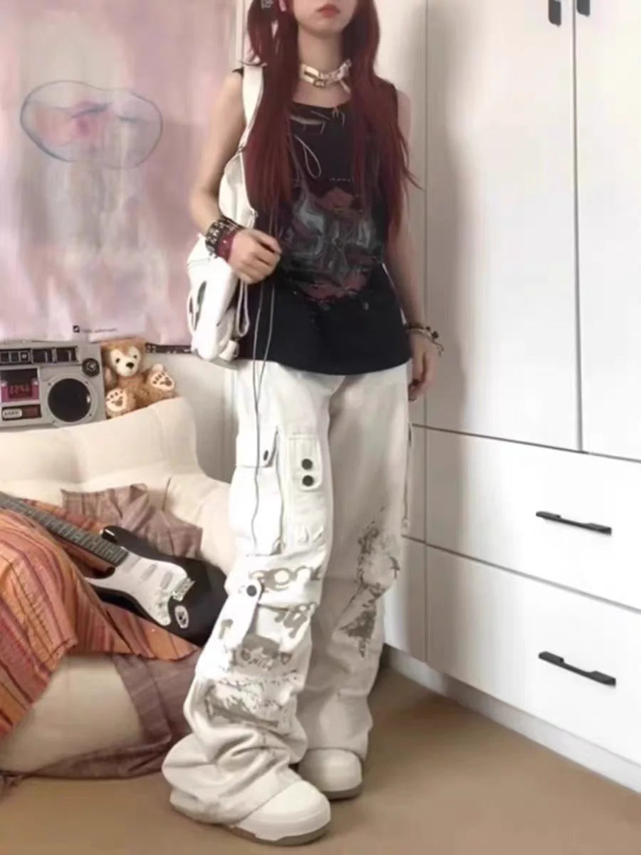 Women's Off White Wide Leg Cargo Pants with Layered Pocket Details