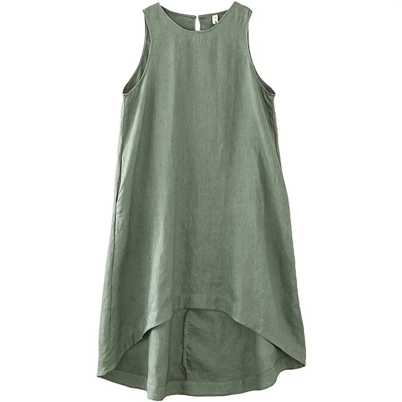 Women's Linen Sleeveless Loose A-Line Dress with Round Neck and Asymmetric Hem