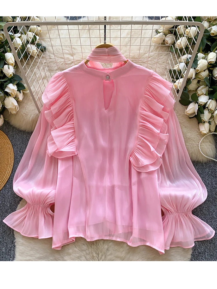 Women's Bow-Neck Long-Sleeve Blouse with Gathered Sleeves for Everyday and Office Outfits