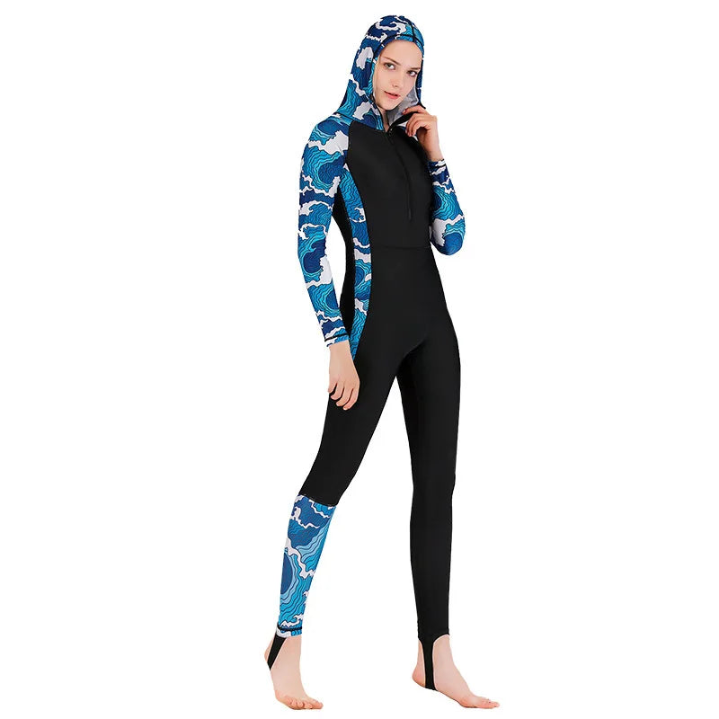 Hooded Front Zip Long Sleeve Full Body Swim Suit