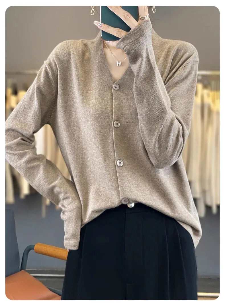 Light luxury retro style! V-neck pure cashmere knit cardigan women's autumn and winter loose wool top bottom sweater coat