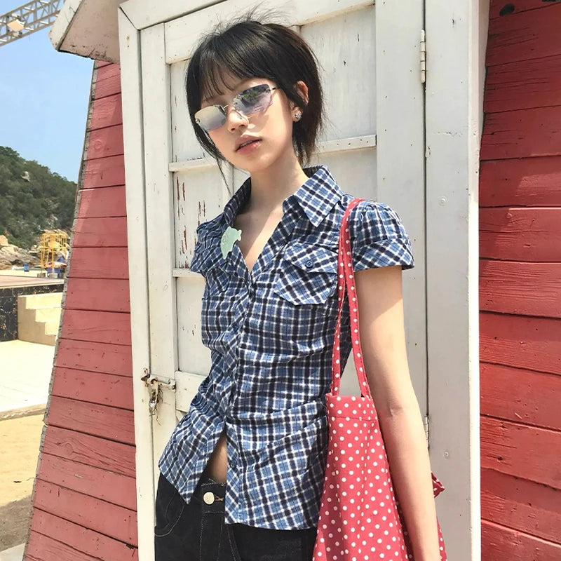 Women's Checked Collared Short Sleeve Shirt