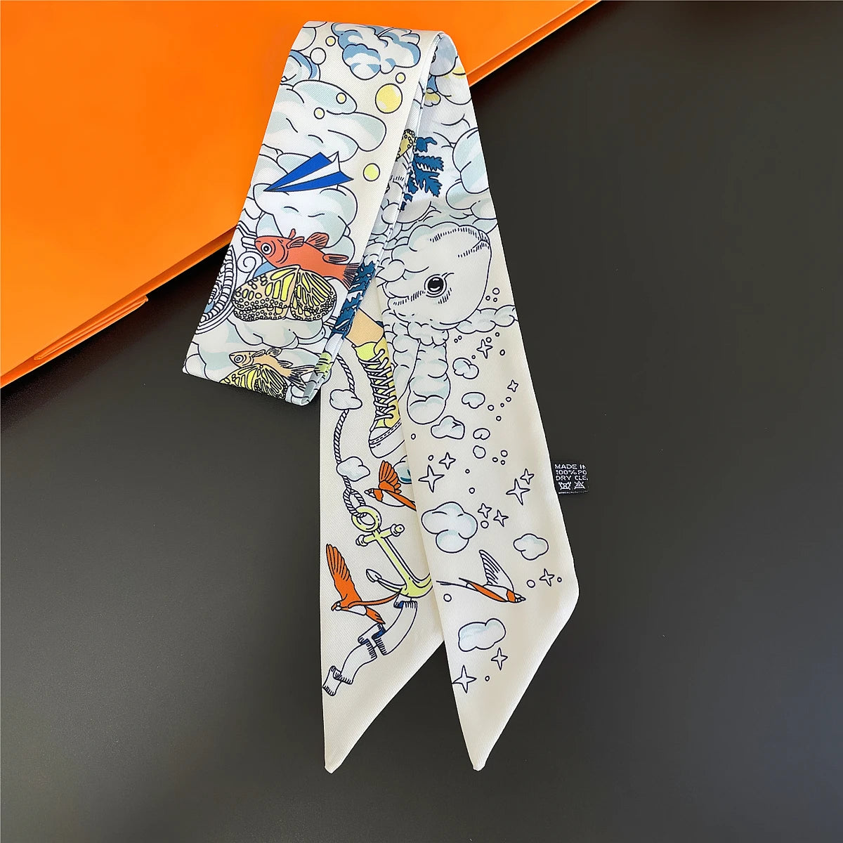 Colorful Printed Skinny Ribbon Scarf with Tie Ends