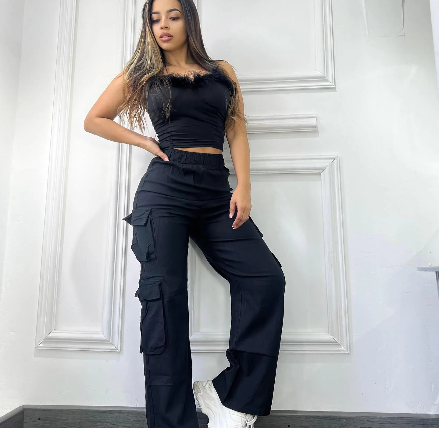 Women's Straight Cargo Pants with Elastic Waist and Large Side Pockets