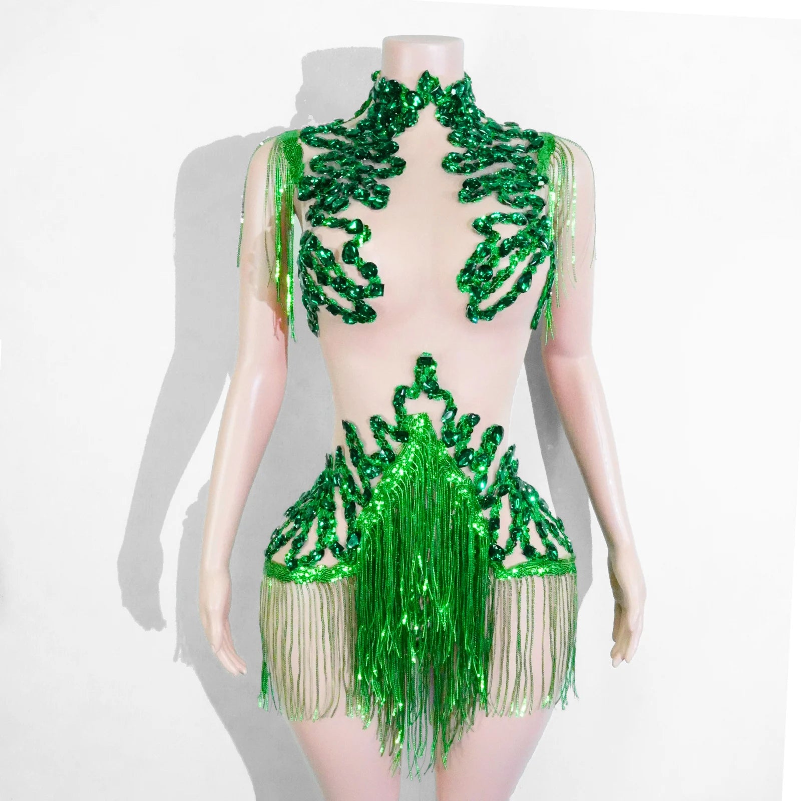 Women's Rhinestone Fringe Mesh Dance Bodysuit for Stage Costume Outfits