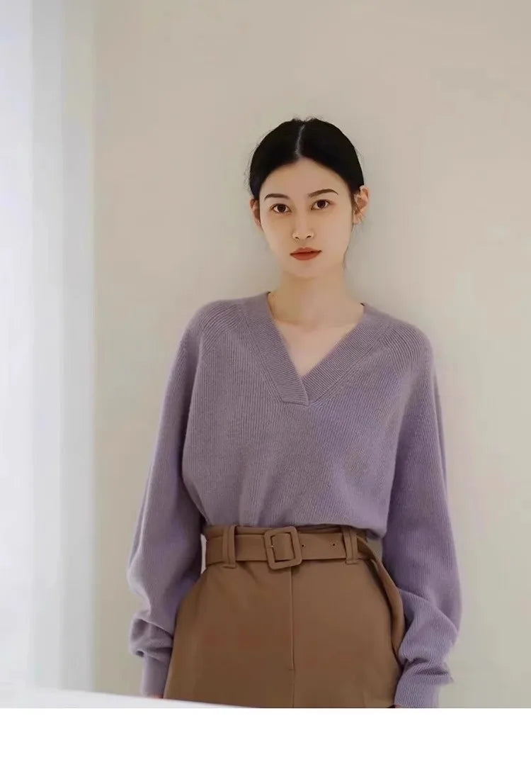 V-neck pure cashmere sweater women autumn and winter loose and versatile knitted sweater short wool base layer