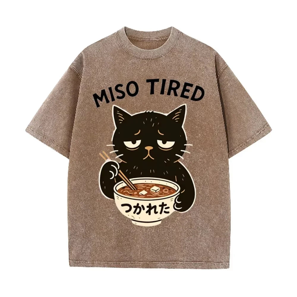 Vintage Washed Purple Miso Tired Black Cat Miso Soup Casual T Shirt
