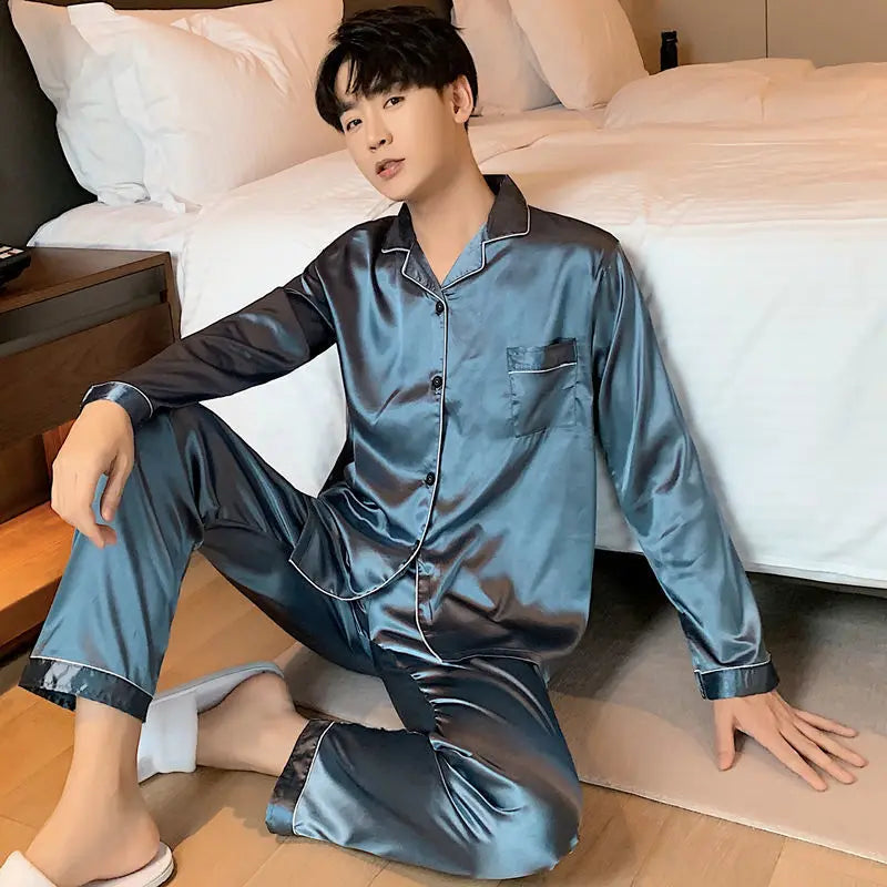 Men's Satin Look Long Sleeve Shirt and Pants Pajama Set
