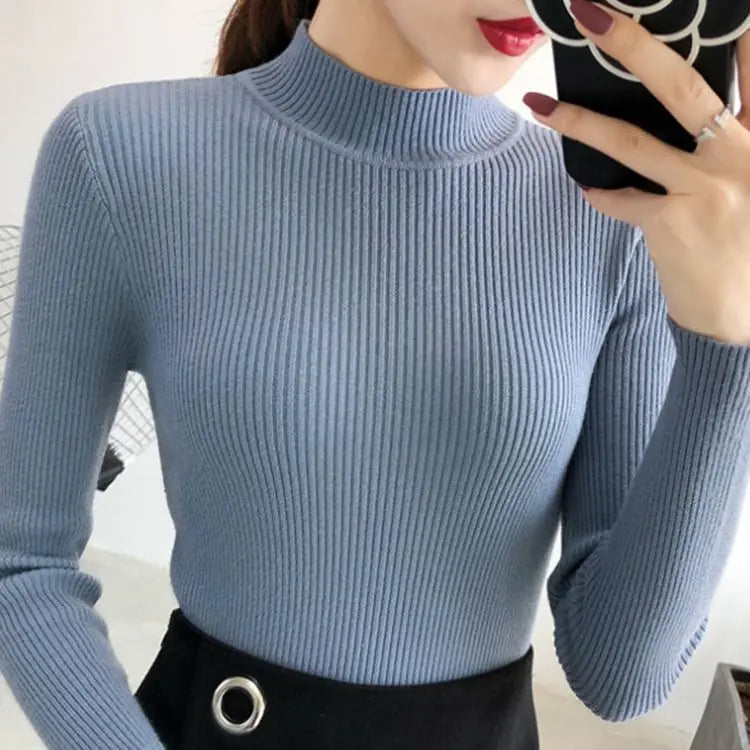 Women's Plain Roll Neck Long Sleeve Sweater Casual Knit Layer