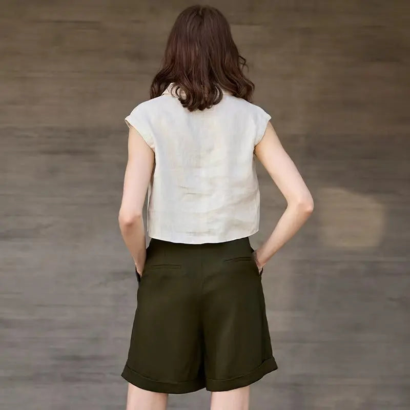 Women's Linen-Viscose High-Waist Loose Shorts with Side Pockets and Zipper Fly Closure