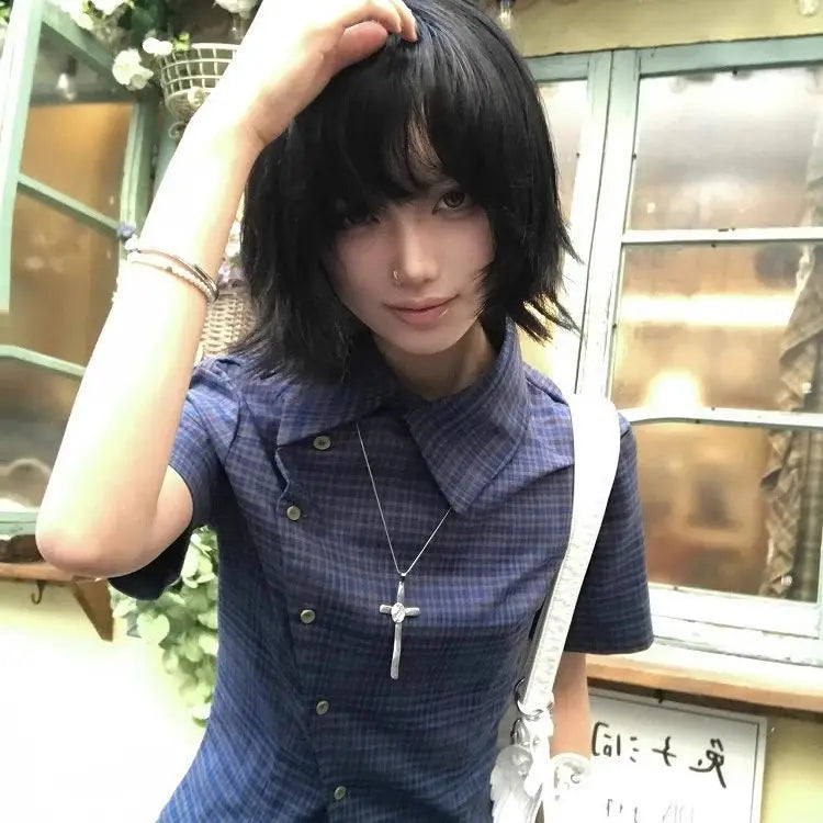 Women's Checked Asymmetric Collared Shirt