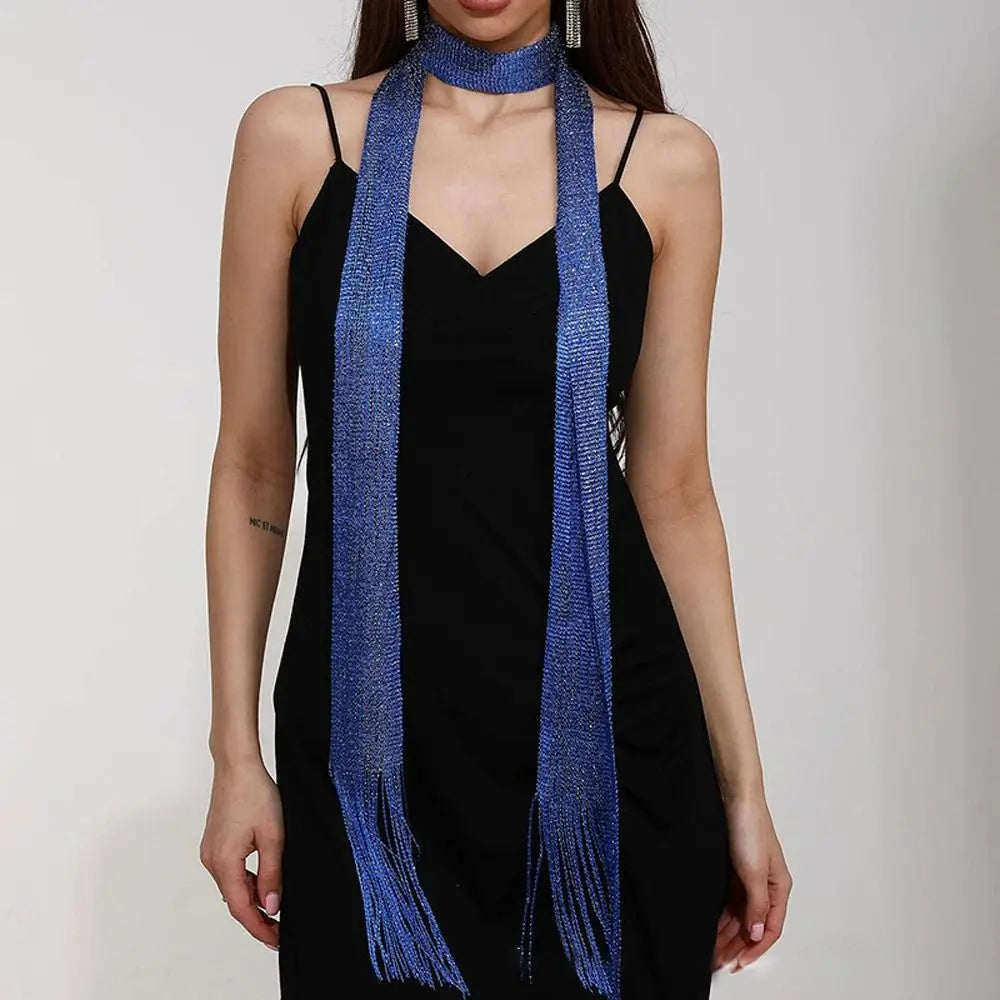 Sheer Long Narrow Scarf with Shimmer and Tassel Ends