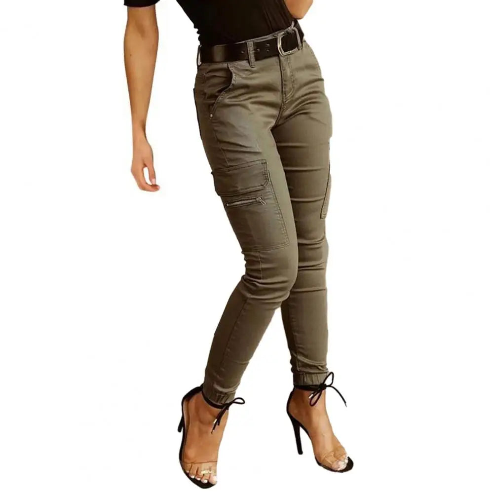 Women's Slim Cargo Pants with Button Fastening and Side Zip Pockets