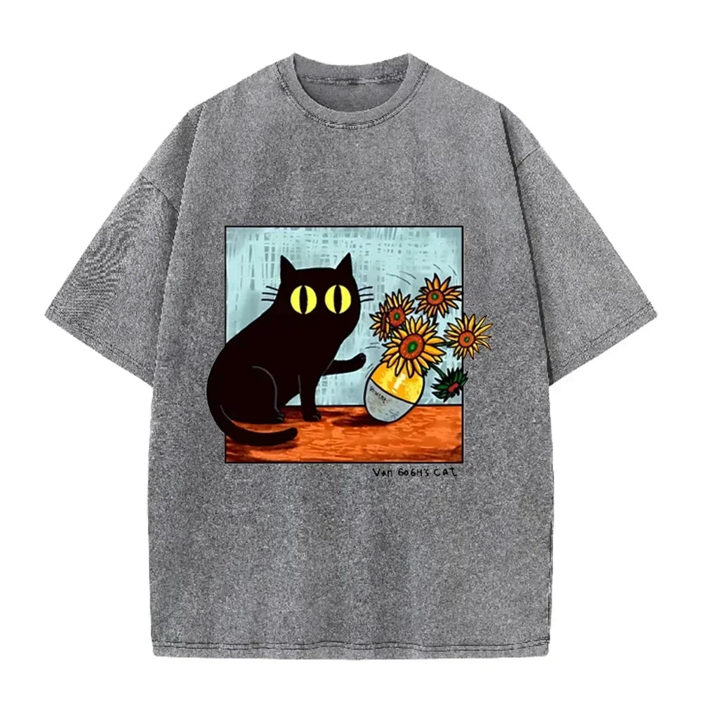 Funny Art Cat Van Gogh's Cat Print Vintage Washed Blue Casual Graphic T Shirt