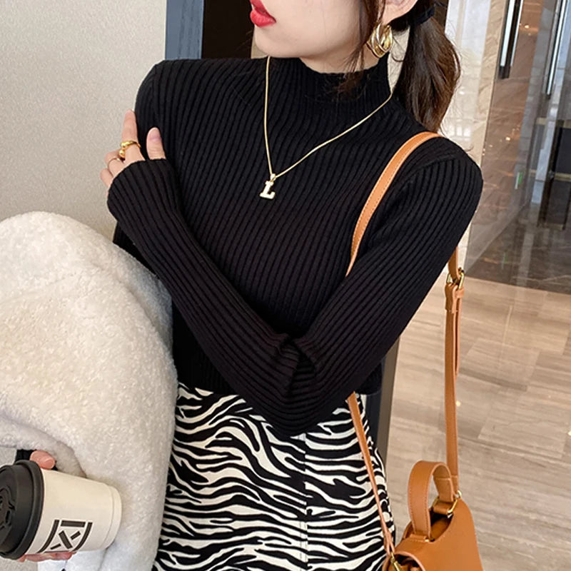 Women's Ribbed Mock Neck Long Sleeve Sweater Casual Knit Layer