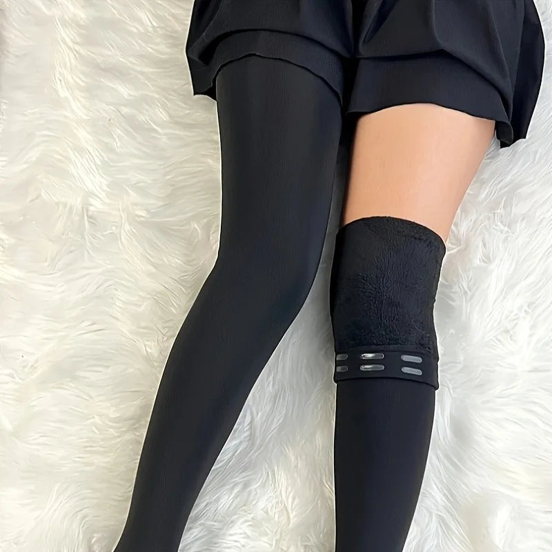 Solid Thigh High Stockings with Wide Top Cuffs