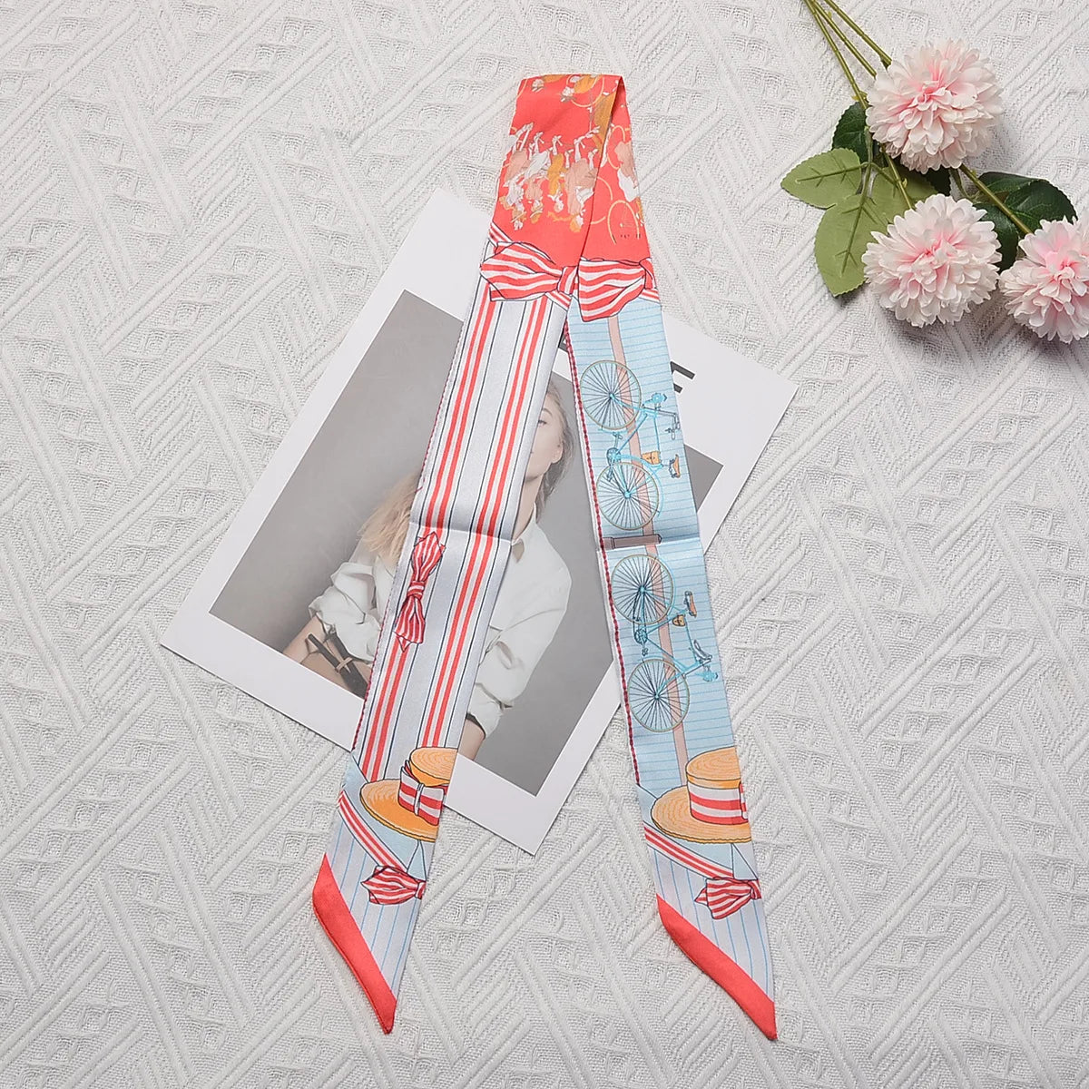 Horse Motif Skinny Ribbon Scarf with Printed Designs