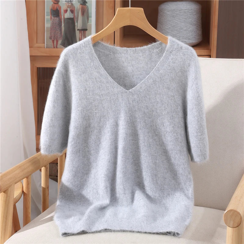 Women's V Neck Short Sleeve Sweater Casual Knit Layer