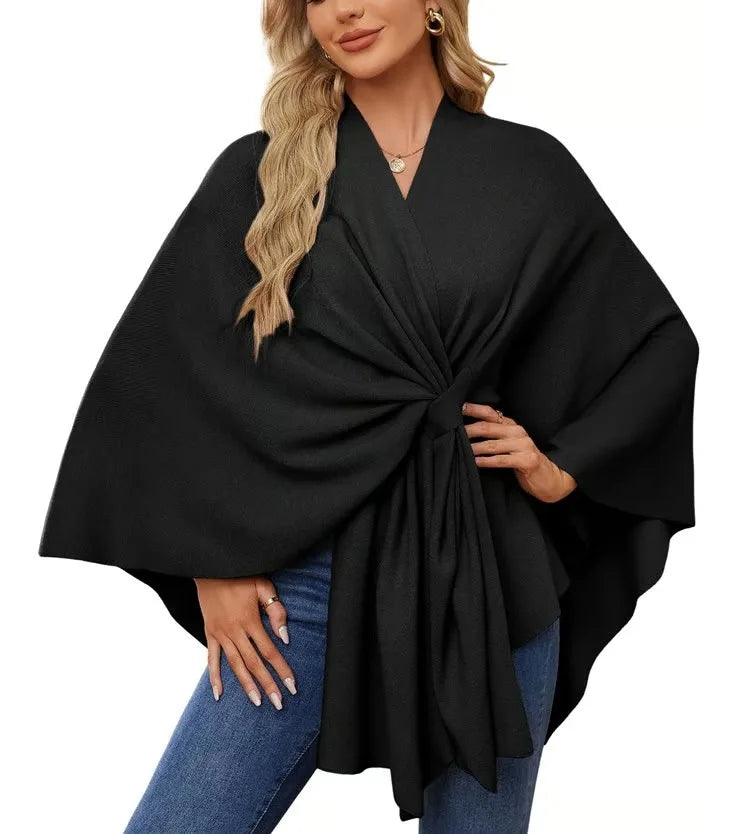 Ribbed Open Front Drape Poncho for Layering over Outfits