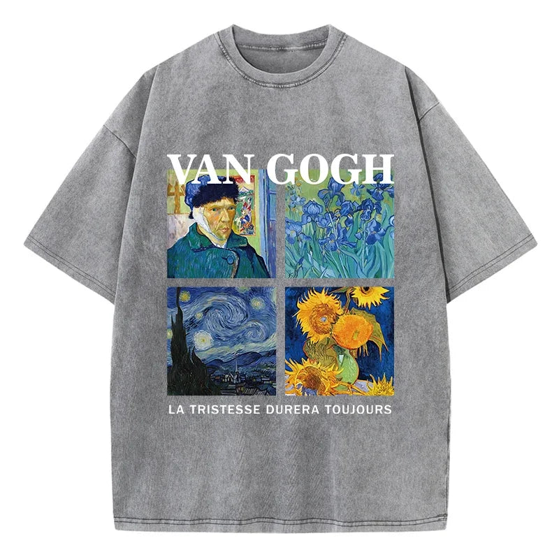 Fashionable Men's Washed T-shirt Printed Top Cotton Oversized Round Neck T-shirt Street Wear