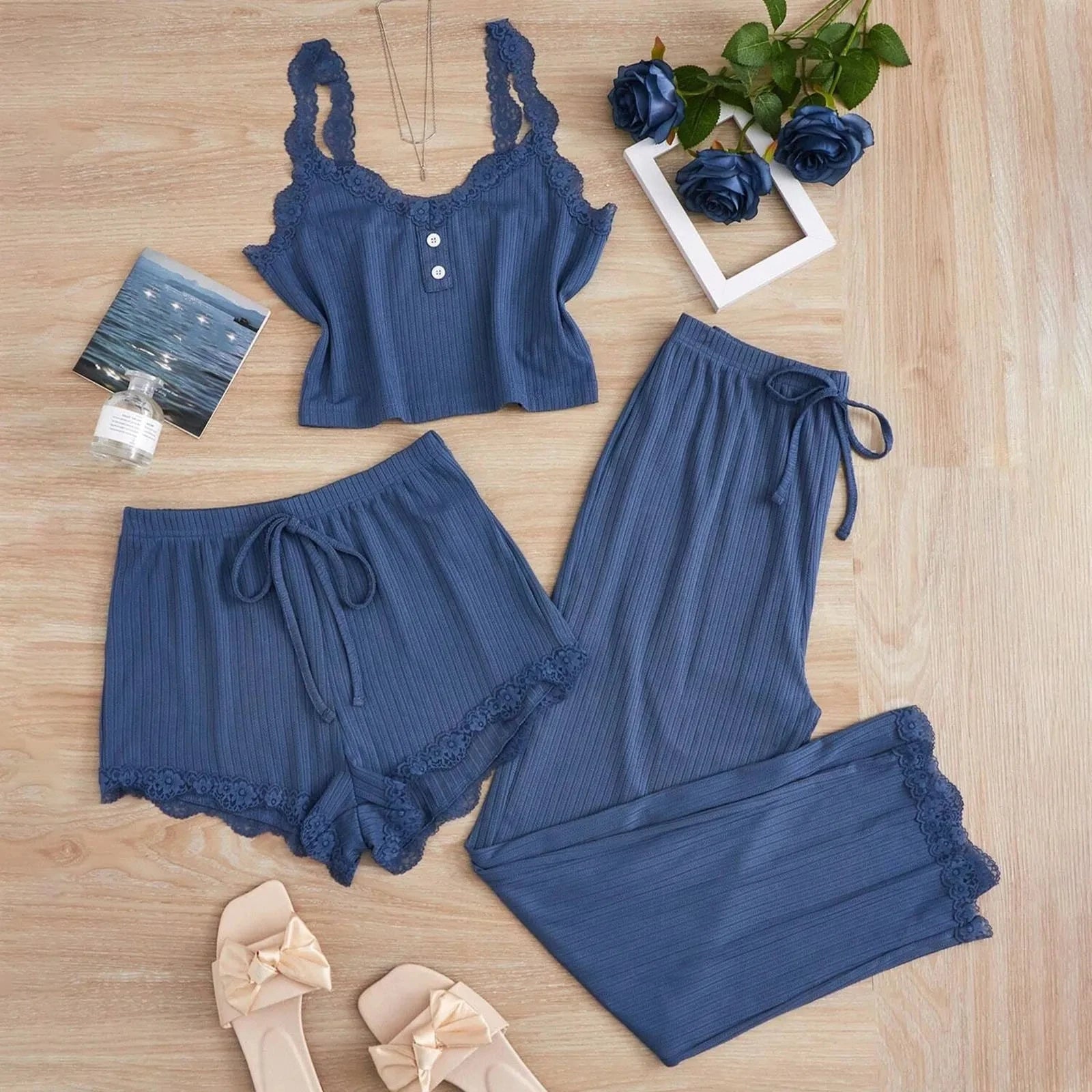 Women's Lace Trim Cami Three Piece Pajama Set with Shorts and Pants