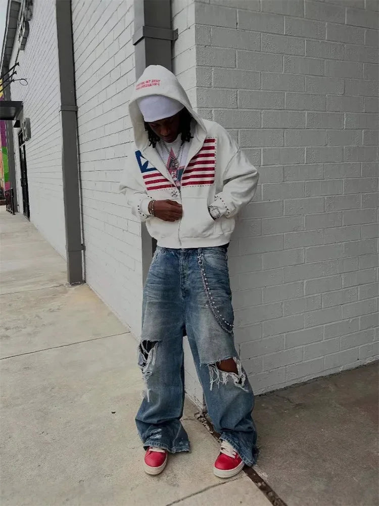 Men's Flag-Graphic Long-Sleeve Zip-Front Hoodie