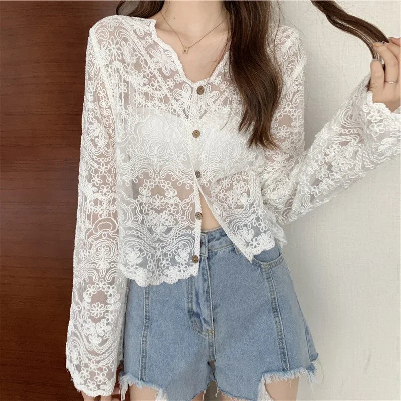 Women's Lace V Neck Long Sleeve Button Front Blouse
