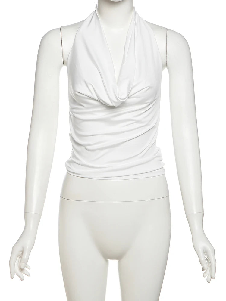 Women's Halter Crop Top with a Deep V Neckline and Draped Front