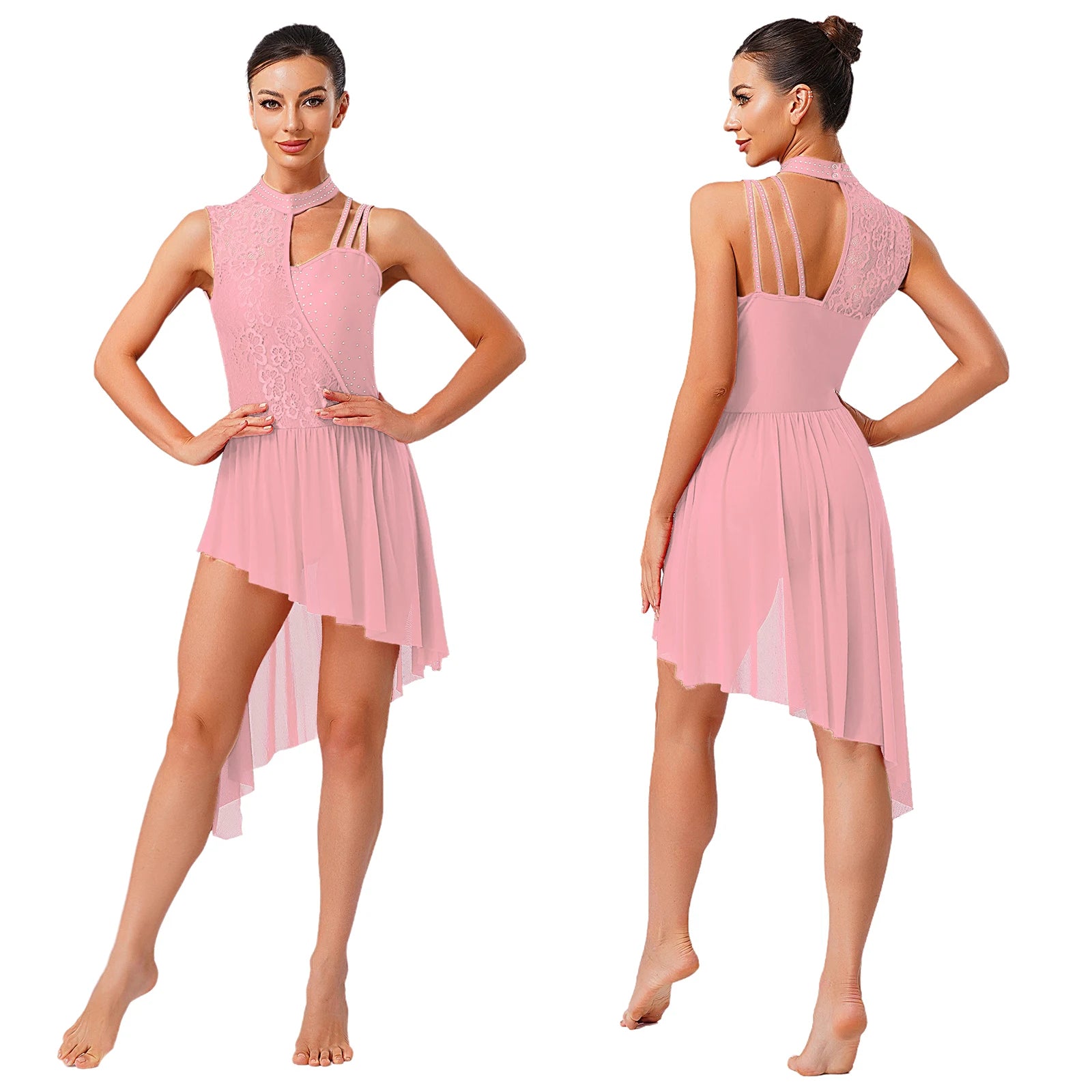 Women's Floral Lace Dance Dress with Rhinestones and Asymmetric Mesh Skirt