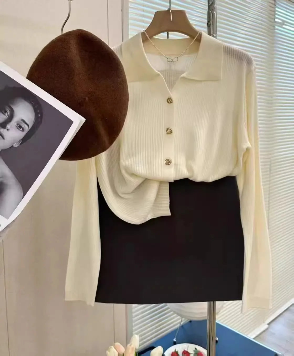 POLO lapel cashmere knit cardigan women's spring and autumn thin loose sweater short wool coat