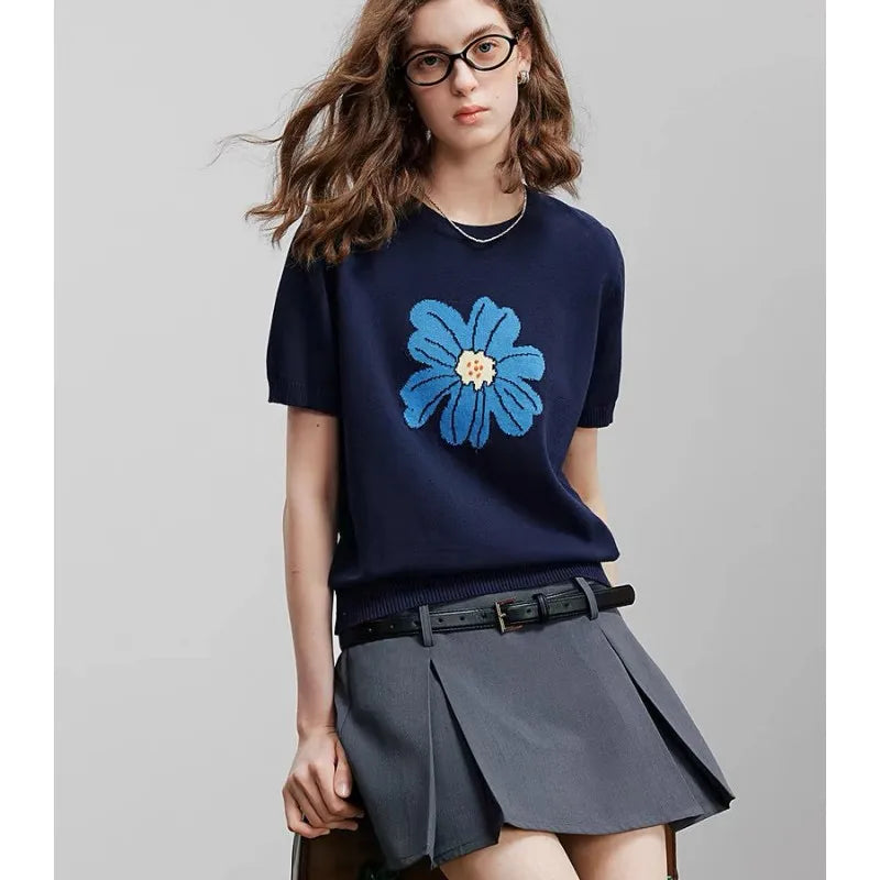 Stylish large-flower jacquard round-neck knitted short-sleeved women's loose ice silk T-shirt and thin top