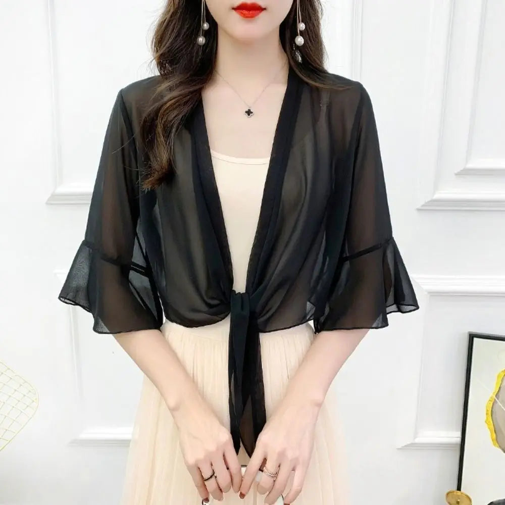 Chiffon Tie Front Short Sleeve Cardigan for Layering over Outfits