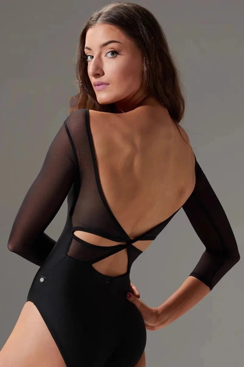 Women's Long Sleeve Ballet Leotard with Mesh Panels and Cutout Back