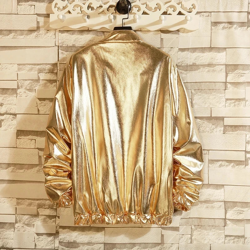 Metallic Finish Long Sleeve Front Zip Casual Bomber Jacket
