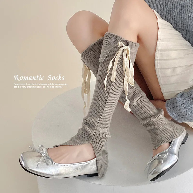 Solid Calf Leg Warmers with Decorative Ribbon Tie Details